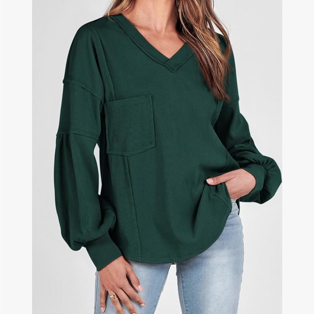 Dark Green V-Neck Long Sleeve Top